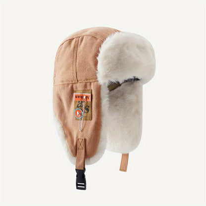 [Thickened Plush Earmuffs] 1pc Thickened Plush Earmuffs - Windproof Flying Cap With Chain And Cloth Label For Men Women