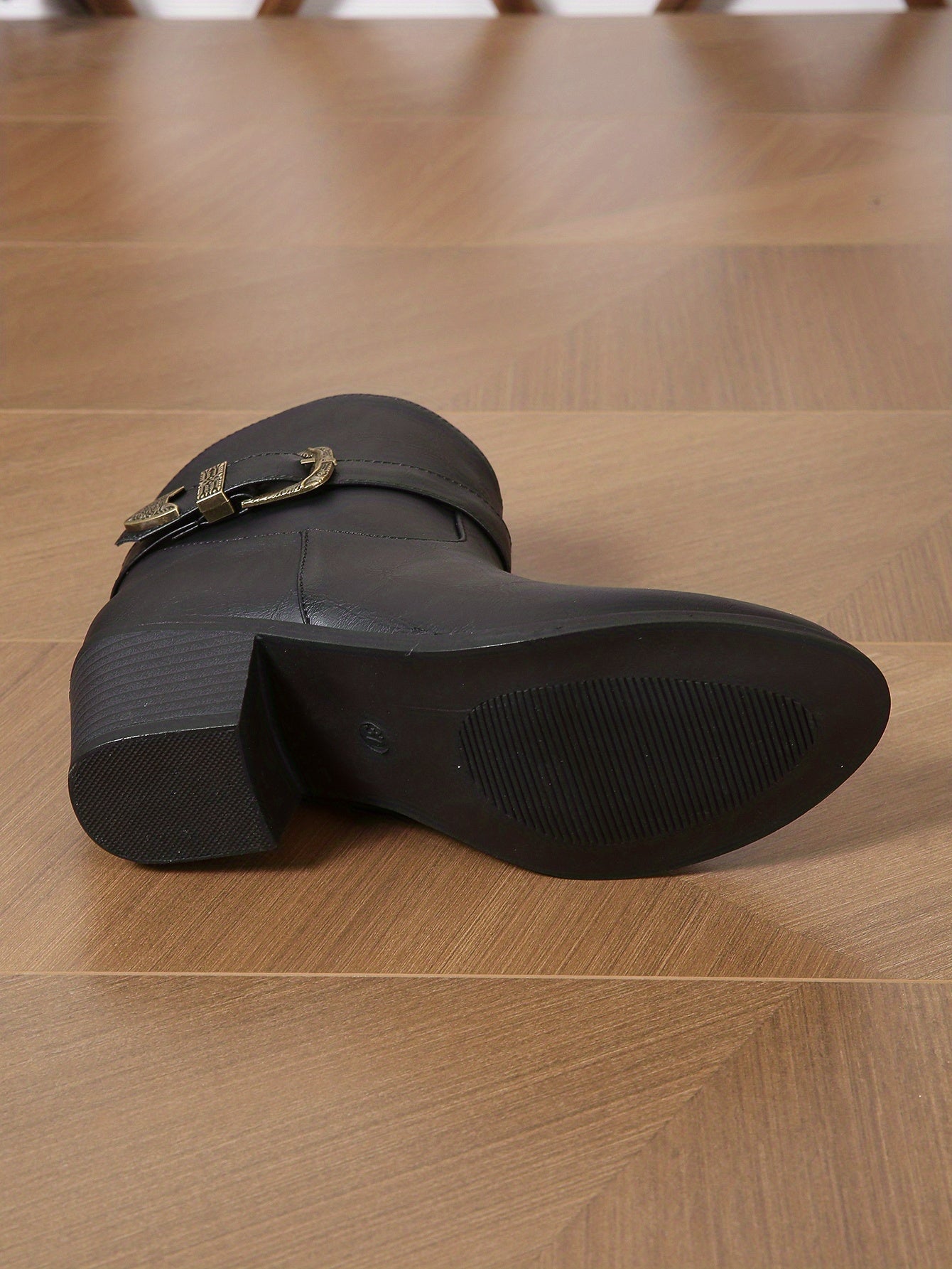 Women's Chunky Heeled Ankle Boots, Retro Buckle Strap Pointed Toe Booties, Side Zipper Short Boots