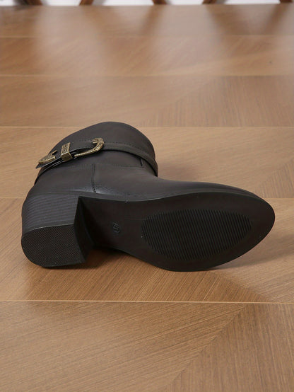 Women's Chunky Heeled Ankle Boots, Retro Buckle Strap Pointed Toe Booties, Side Zipper Short Boots