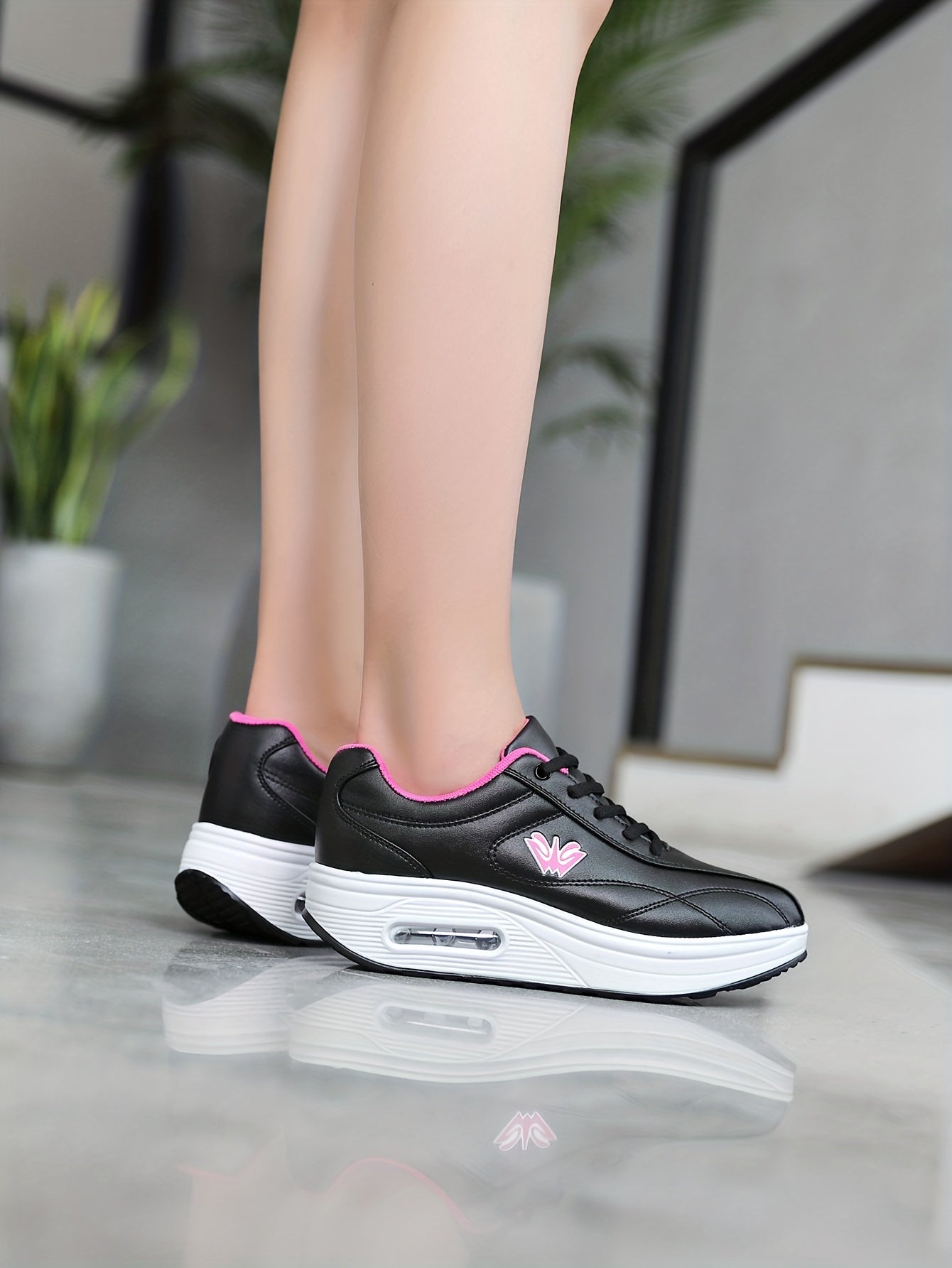 Women's Faux Leather Air Cushion Sneakers, Comfortable Thick Bottom Sport Shoes