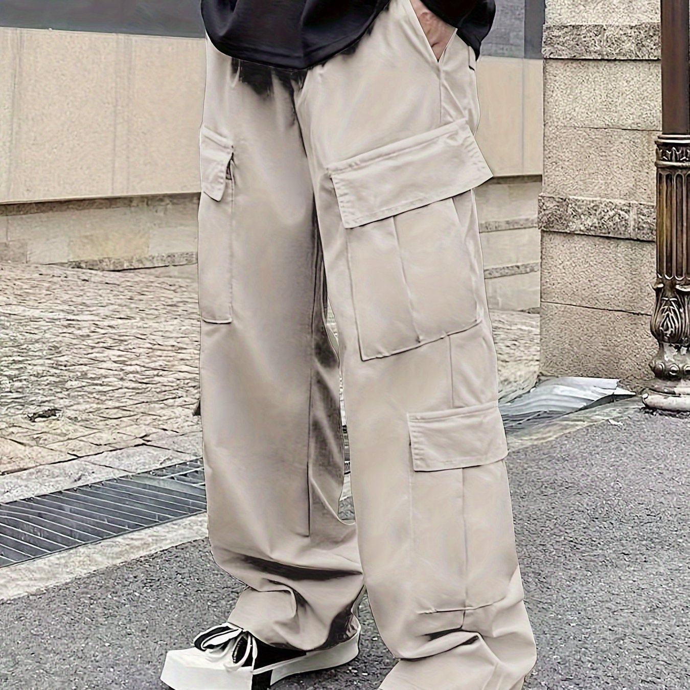 Men's Loose Casual Outdoor Cargo Pants - Multi Flap Pocket Trousers - Trendy Solid Work Pants for Streetwear Hip Hop Style