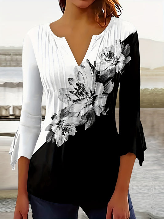 Versatile Floral-Patterned Knit Top – Comfortable Stretch, Easy-Care, Irregular Cuff Detail, Ideal for Spring to Fall