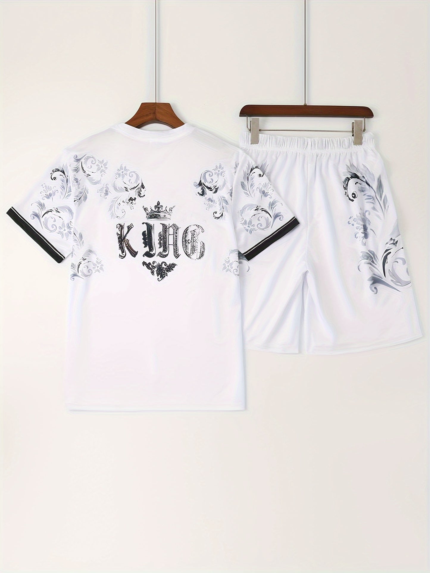 2pcs Sports Set, Men's Comfy Crew Neck Plaid Tee & Active Slightly Stretch Breathable Pants For Outdoor Activities