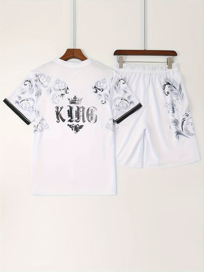 2pcs Sports Set, Men's Comfy Crew Neck Plaid Tee & Active Slightly Stretch Breathable Pants For Outdoor Activities