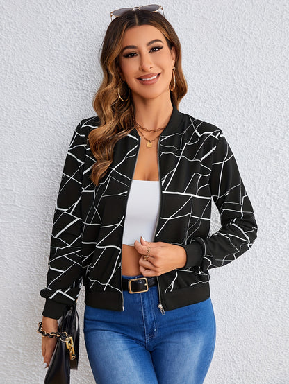 Chic Geometric Print Bomber Jacket – Casual Long-Sleeve Zip-Up, Easy-Care & Stylish for Women's Spring/Fall Fashion