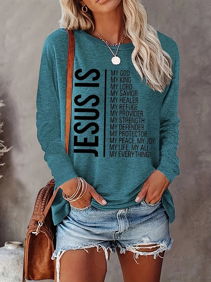 Jesus Print Crew Neck T-shirt, Casual Long Sleeve Top For Spring & Fall, Women's Clothing