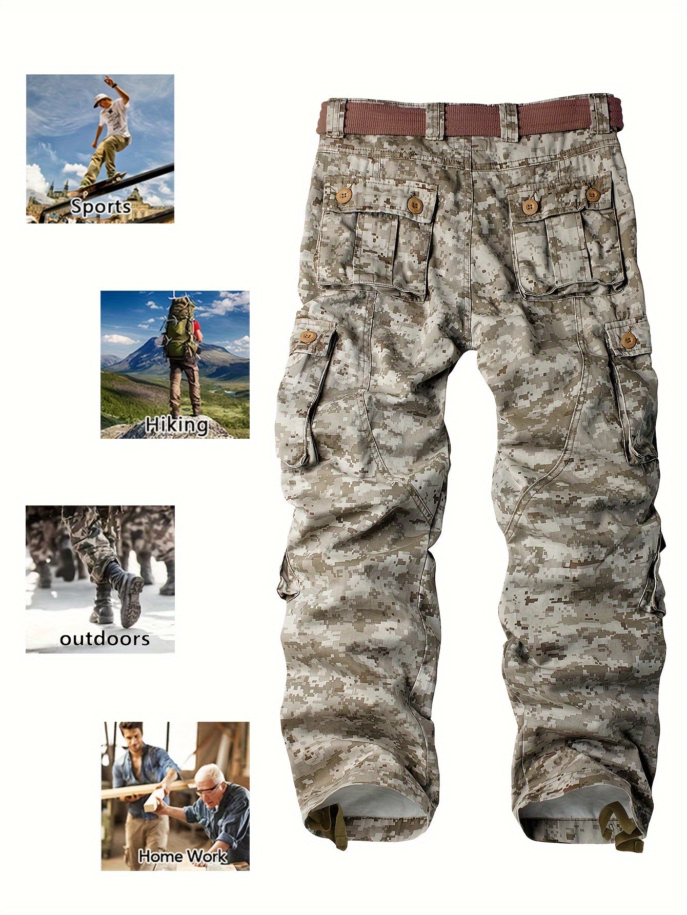 AKNAVY Solid Cotton Camo Multi Flap Pockets Men's Straight Leg Cargo Pants, Loose Casual Outdoor Pants, Men's Work Pants For Hiking Fishing Angling