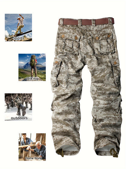 AKNAVY Solid Cotton Camo Multi Flap Pockets Men's Straight Leg Cargo Pants, Loose Casual Outdoor Pants, Men's Work Pants For Hiking Fishing Angling