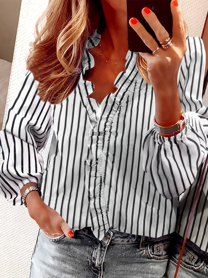 Ruffled Trim V Neck Shirt, Elegant Loose Long Sleeve Shirt, Women's Clothing