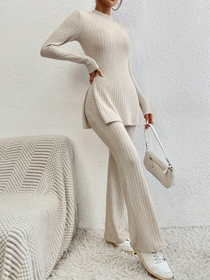 Solid Ribbed Lounge Set, Long Sleeve Side Split Top & Elastic Waistband Pants, Women's Loungewear & Sleepwear