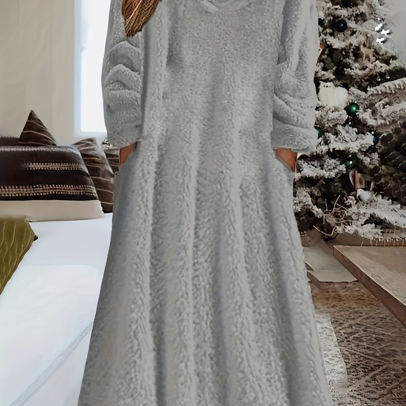 Long Sleeve Winter Warm Teddy Hooded Dress, Casual Women's Clothing