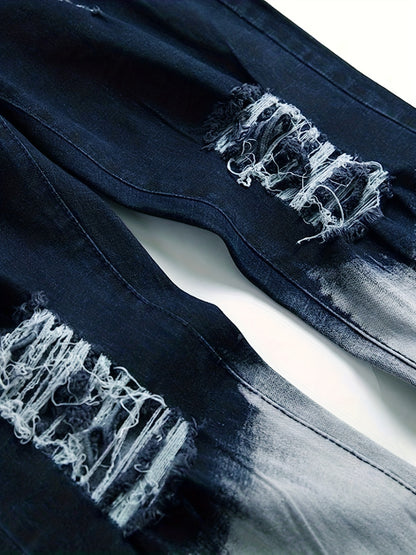 1pc Men's Fashion Skinny Jeans, Casual Ripped Denim with Contrast Wash, All-Season Regular Length, 75% Cotton 23% Polyester 2% Spandex Blend, Machine Washable, Color Block, Washable