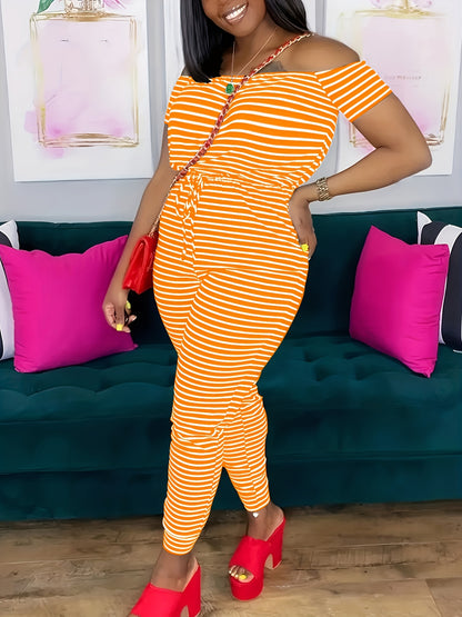 Striped Off Shoulder Drawstring Jumpsuit, Casual Short Sleeve Slim Jumpsuit For Spring & Summer, Women's Clothing