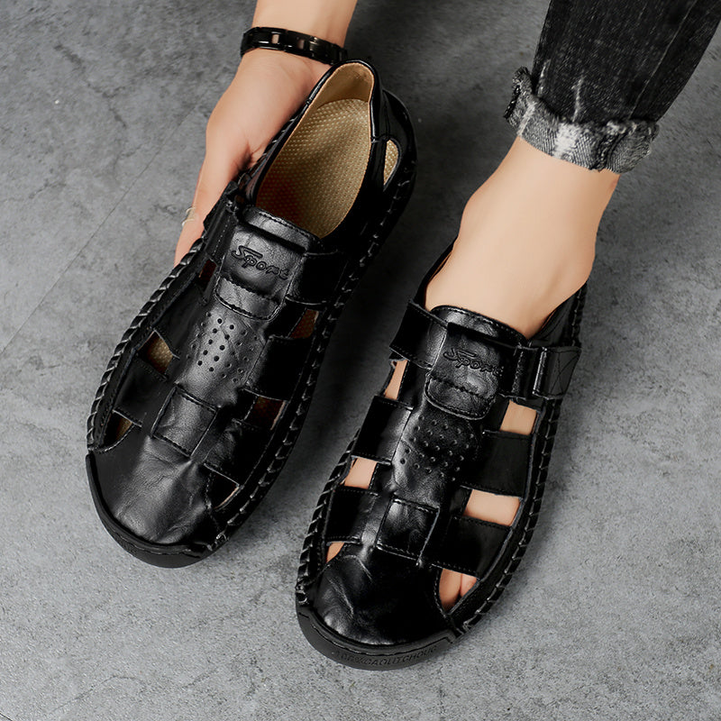 Men's Retro Brown Faux Leather Sandals - Adjustable Hook and Loop Fastener, Non-Slip Rubber Sole, Comfortable Open-Toe Slides for Outdoor Hiking, Trekking, Beach Wear | Spring/Summer/Autumn