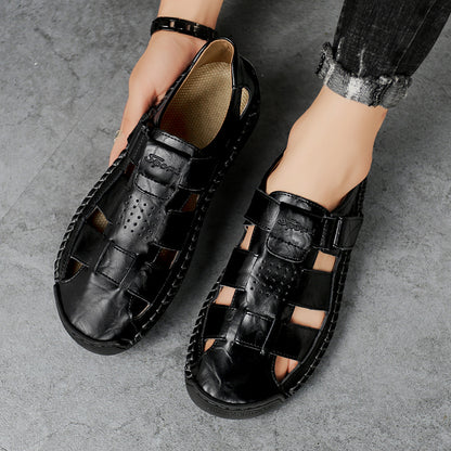 Men's Retro Brown Faux Leather Sandals - Adjustable Hook and Loop Fastener, Non-Slip Rubber Sole, Comfortable Open-Toe Slides for Outdoor Hiking, Trekking, Beach Wear | Spring/Summer/Autumn