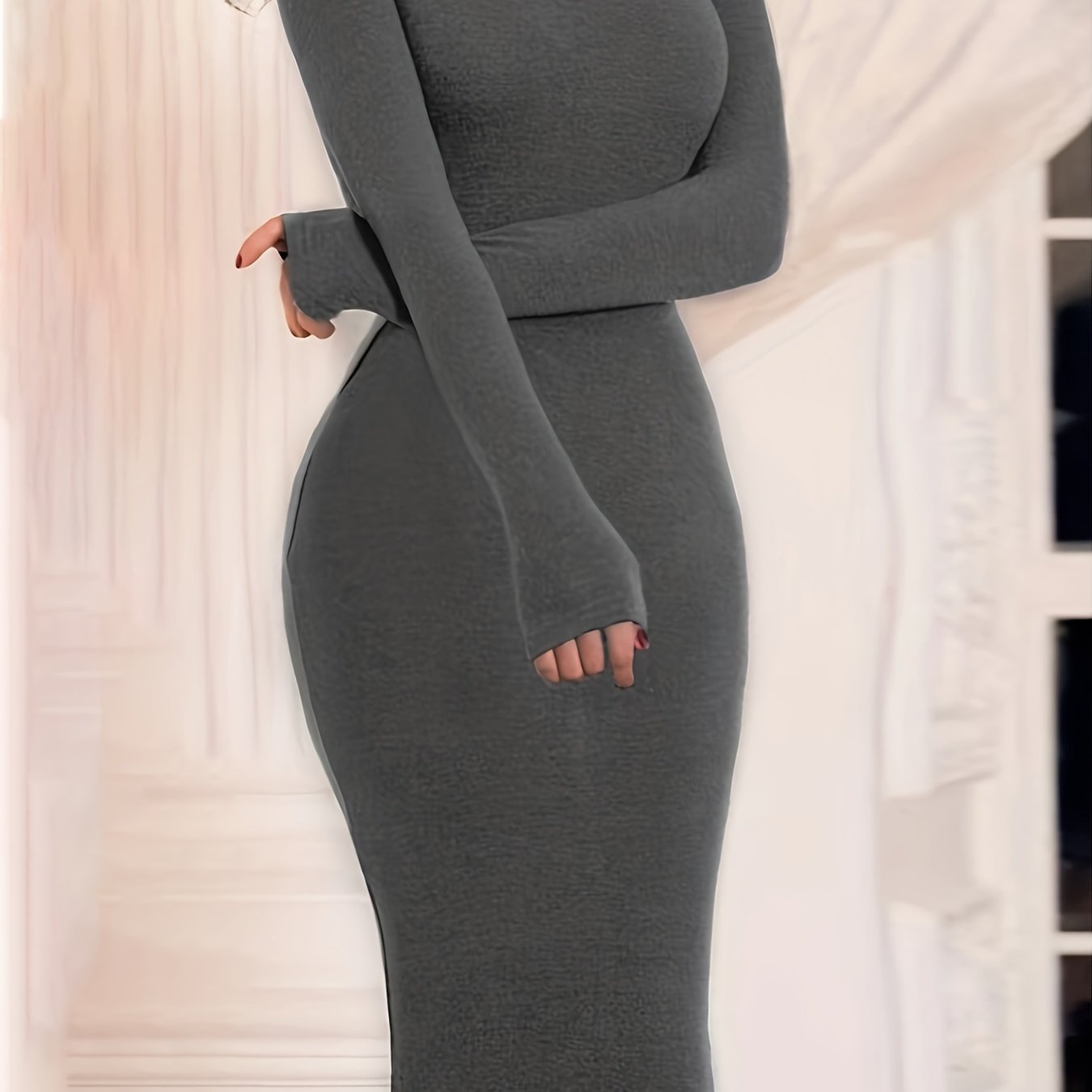 Midi Bodycon Solid Turtleneck Long Sleeve Dress - Elegant, Versatile, and Comfortable for Spring and Fall - Machine Washable, Mid-Elasticity, Polyester Fabric