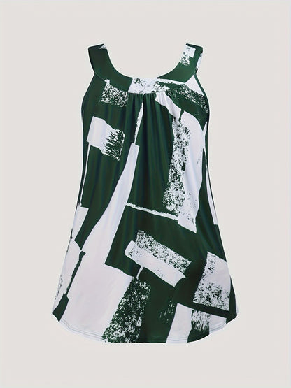 Plus Size Round Neck Colorblock Curved Hem Casual Tank Top