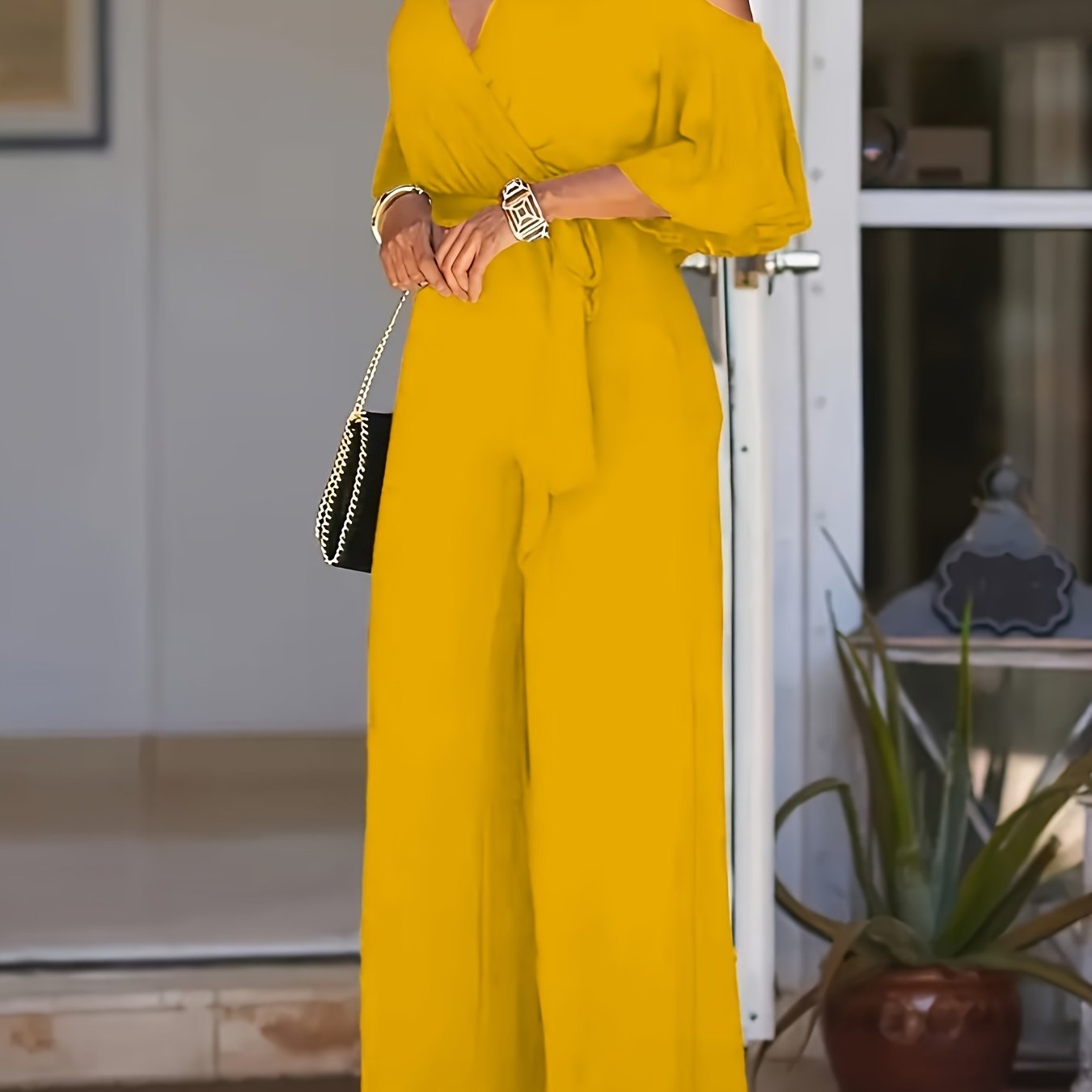 Solid Cold Shoulder V-neck Jumpsuit, Elegant Half Sleeve Jumpsuit For Spring & Summer, Women's Clothing