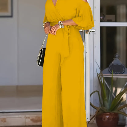 Solid Cold Shoulder V-neck Jumpsuit, Elegant Half Sleeve Jumpsuit For Spring & Summer, Women's Clothing
