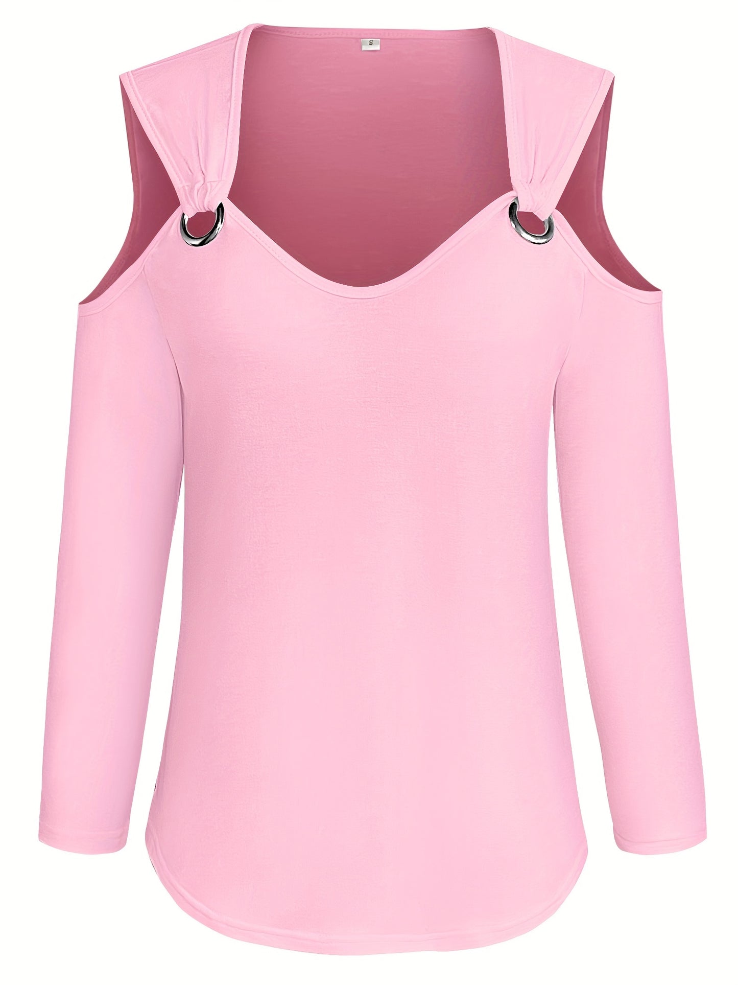 Solid Ring Detail Crew Neck T-Shirt, Casual Cold Shoulder Long Sleeve Top For Spring & Fall, Women's Clothing