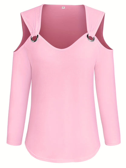 Solid Ring Detail Crew Neck T-Shirt, Casual Cold Shoulder Long Sleeve Top For Spring & Fall, Women's Clothing