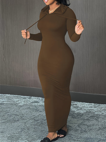 Cozy Winter Hooded Lounge Dress - Casual Wrap Style with High Elasticity, Easy Care, Long Sleeve Knit for Women