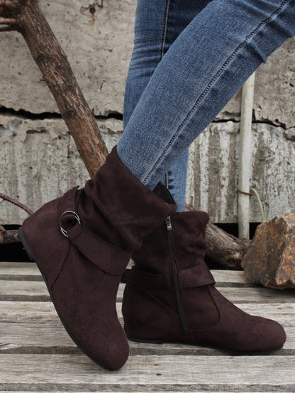 Womens Classic Solid Color Ankle Boots with Round-Toe Design - Fashion Buckle Belt & Side Zipper Closure - Ultra-Comfortable Outdoor Shoes for Stylish Adventures
