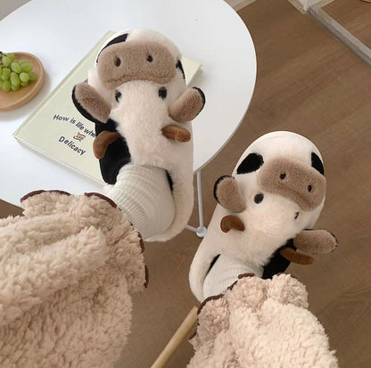 Adorable Cartoon Cow Plush Slippers for Women - Cozy Fabric Upper & PVC Sole, Soft Indoor Footwear with Fluffy White Trim, Cute Slippers