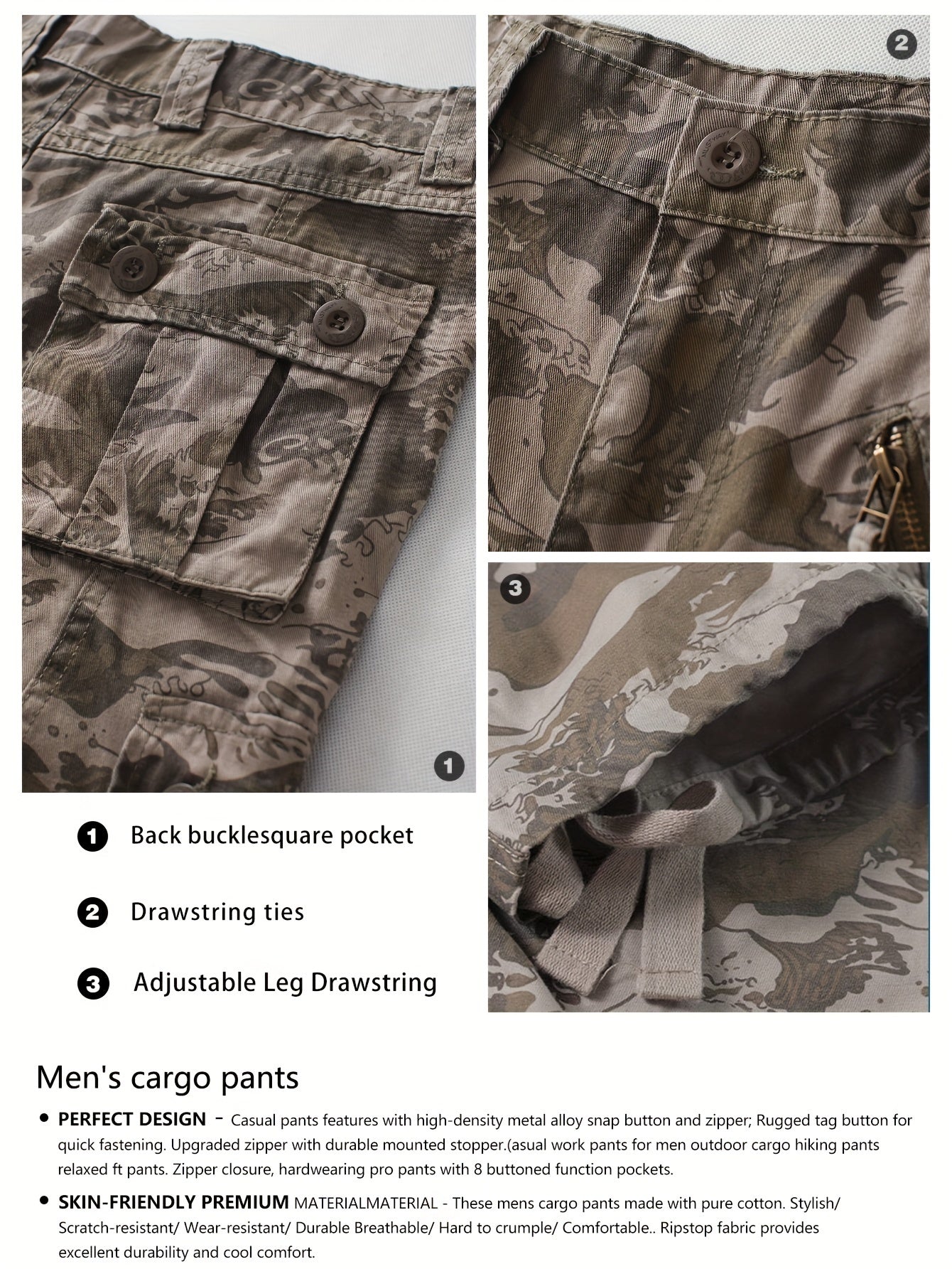 Mens Camo Cargo Pants - Stylish & Durable with Multi-Flap Pockets - Loose Fit Outdoor Work Pants for Hiphop Streetwear