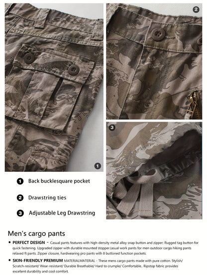 Mens Camo Cargo Pants - Stylish & Durable with Multi-Flap Pockets - Loose Fit Outdoor Work Pants for Hiphop Streetwear
