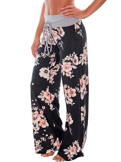 Plus Size Floral Print High Rise Drawstring Long Pants, Women's Plus Slight Stretch Loose Casual Pants
