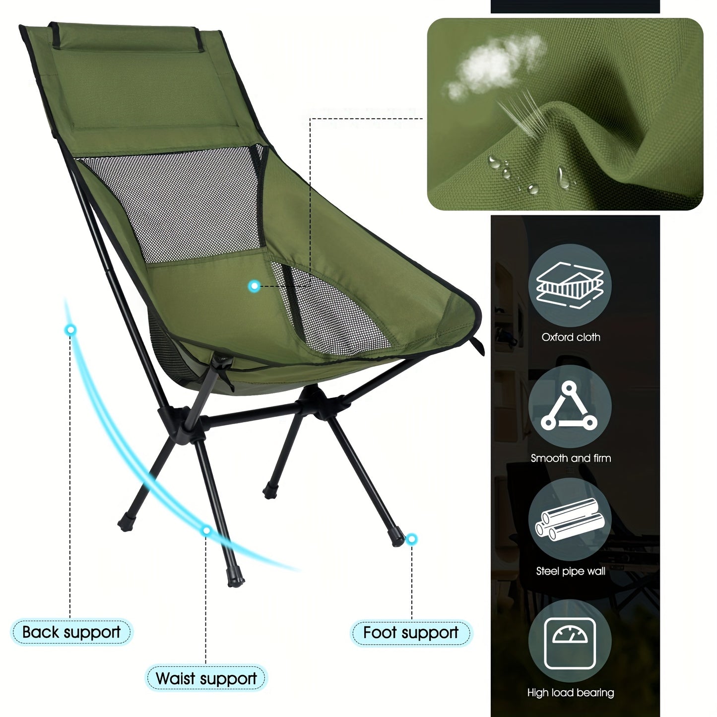 1pc Portable Folding Camping Chair, Lightweight Collapsible Chair For Adult, Comfortable High Back Chair For Outdoor Hiking Fishing Picnic