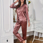 Solid Pajama Set, Long Sleeve Button Up Lapel Top & Pants Pj Set, Women's Sleepwear & Loungewear