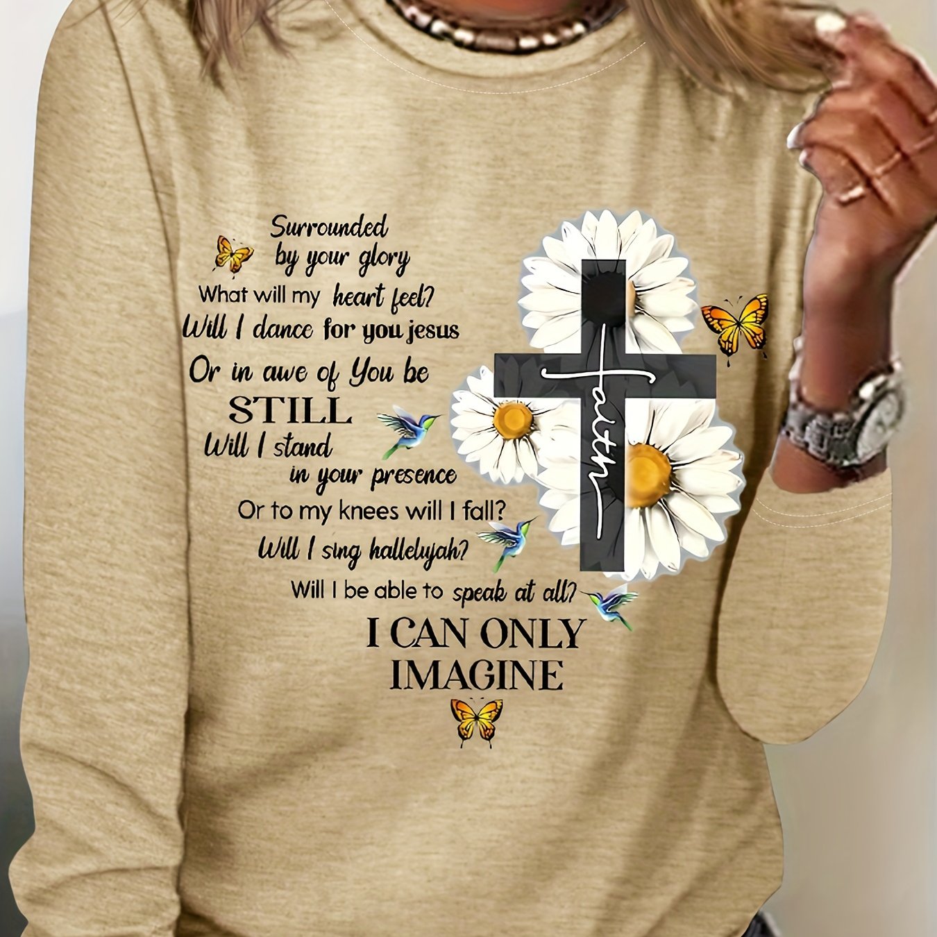 Floral & Letter Print Tee, Casual Long Sleeve Crew Neck T-shirt, Women's Clothing