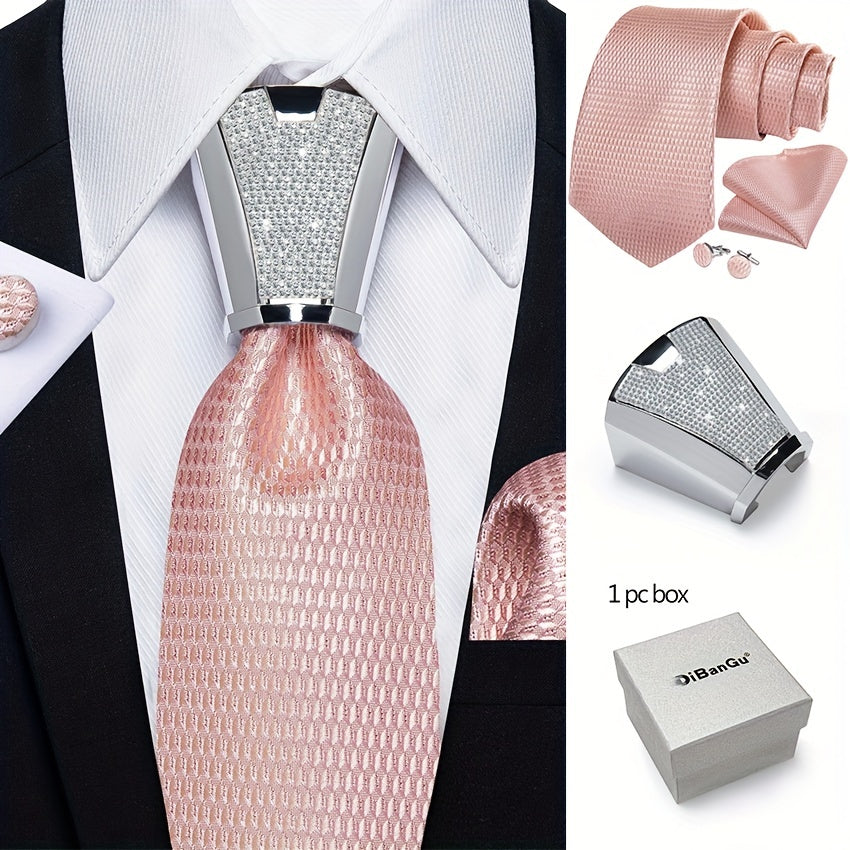 [For Business Silvery Necktie Set] Men's Necktie Silvery Ring & Handkerchief & Cufflinks Set For Business Accessories With Gift Box