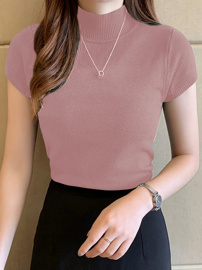 Womens Chic Solid Mock Neck Short Sleeve Knit Sweater - Soft & Breathable - Casual Everyday Style