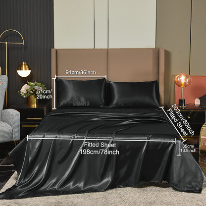4-Piece Luxurious Satin Bedding Set - Silky Smooth, Breathable Comfort for All Seasons - Ideal for Home and Hotel - Includes Flat Sheet, Elasticized Fitted Sheet, and 2 Pillowcases