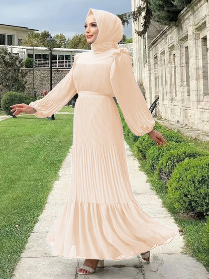 Ramadan Elegant Long Length Kaftan Dress - Polyester Solid Color Belted Maxi Dress with Ruffle Trim, Machine Washable, Casual Wear for All Seasons