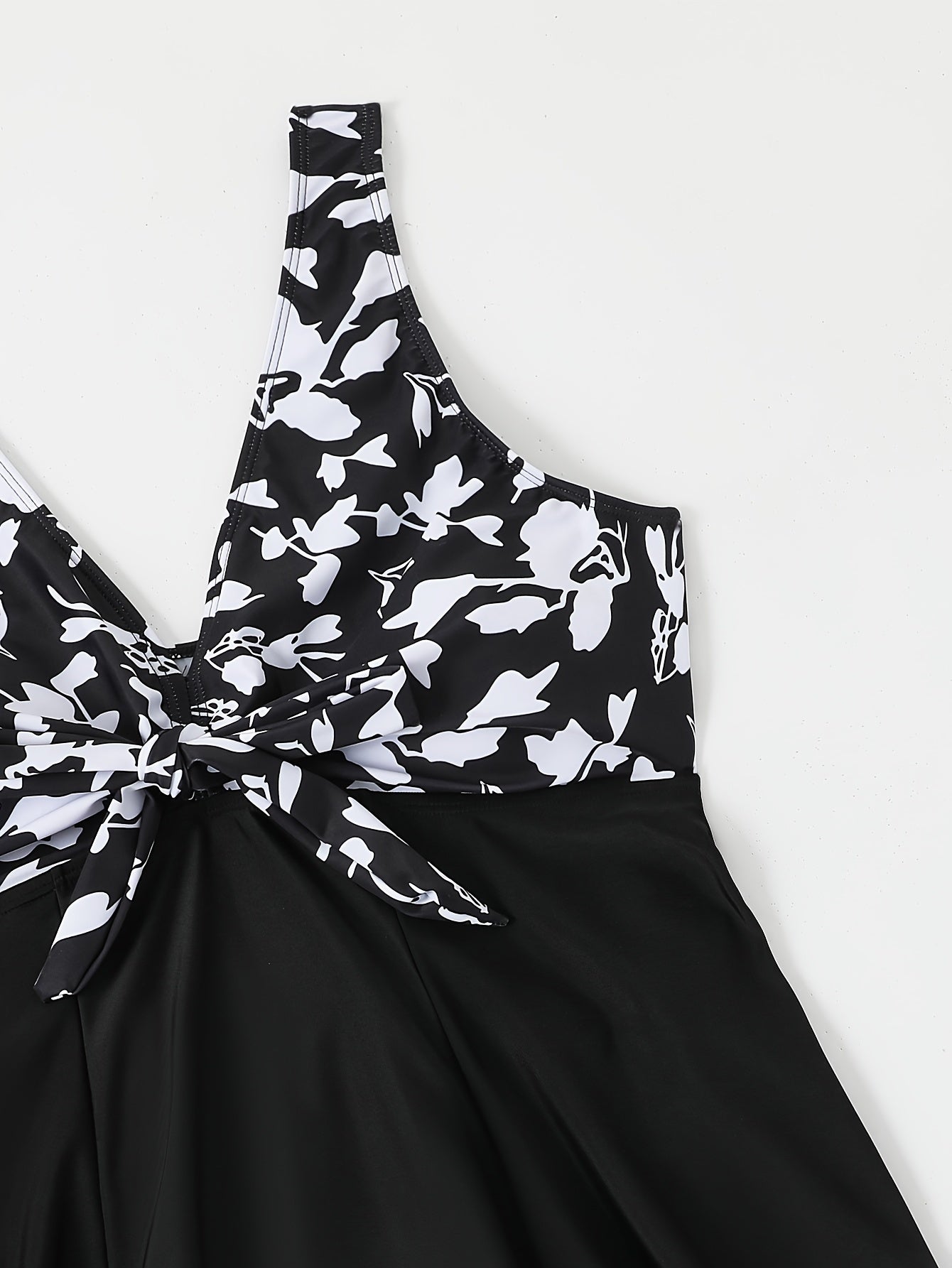 Plus Size Womens Vibrant Floral Print Tie Front V Neck One Piece Swimsuit - High Stretch, Comfortable, Vacation Essential - Polyester Knit Fabric, Random Printing, No Sheer