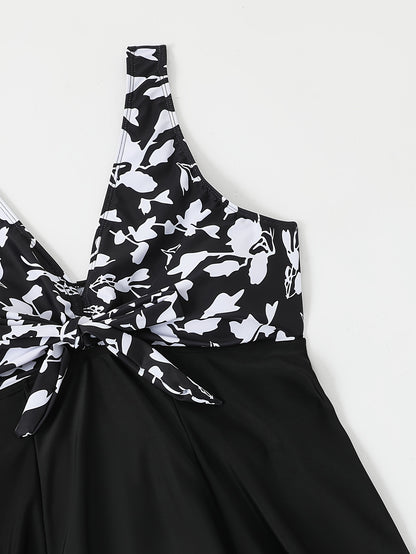 Plus Size Womens Vibrant Floral Print Tie Front V Neck One Piece Swimsuit - High Stretch, Comfortable, Vacation Essential - Polyester Knit Fabric, Random Printing, No Sheer