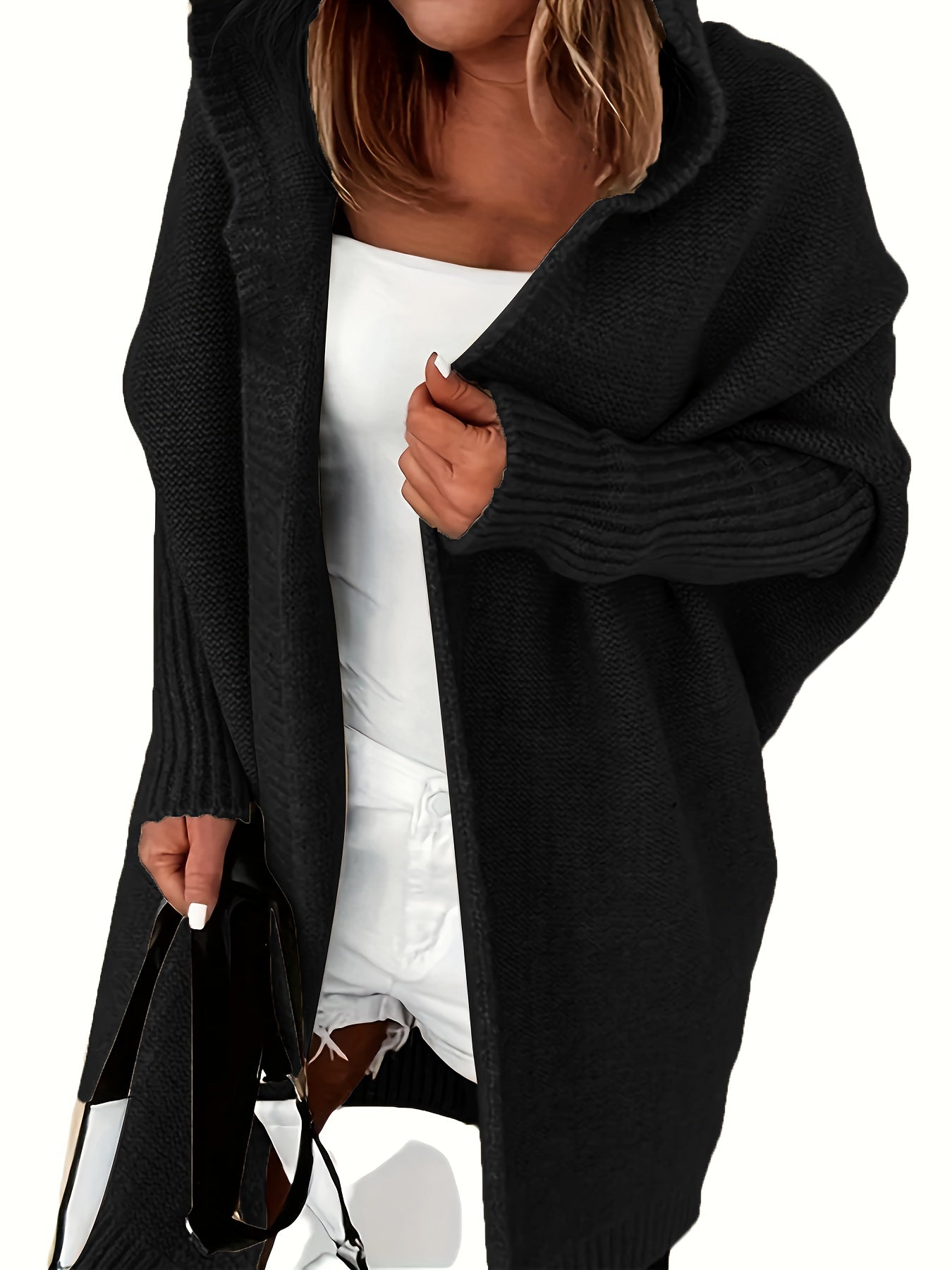 Plus Size Casual Cardigan, Women's Plus Solid Stitching Long Sleeve Hooded Open Front Slight Stretch Sweater Cardigan