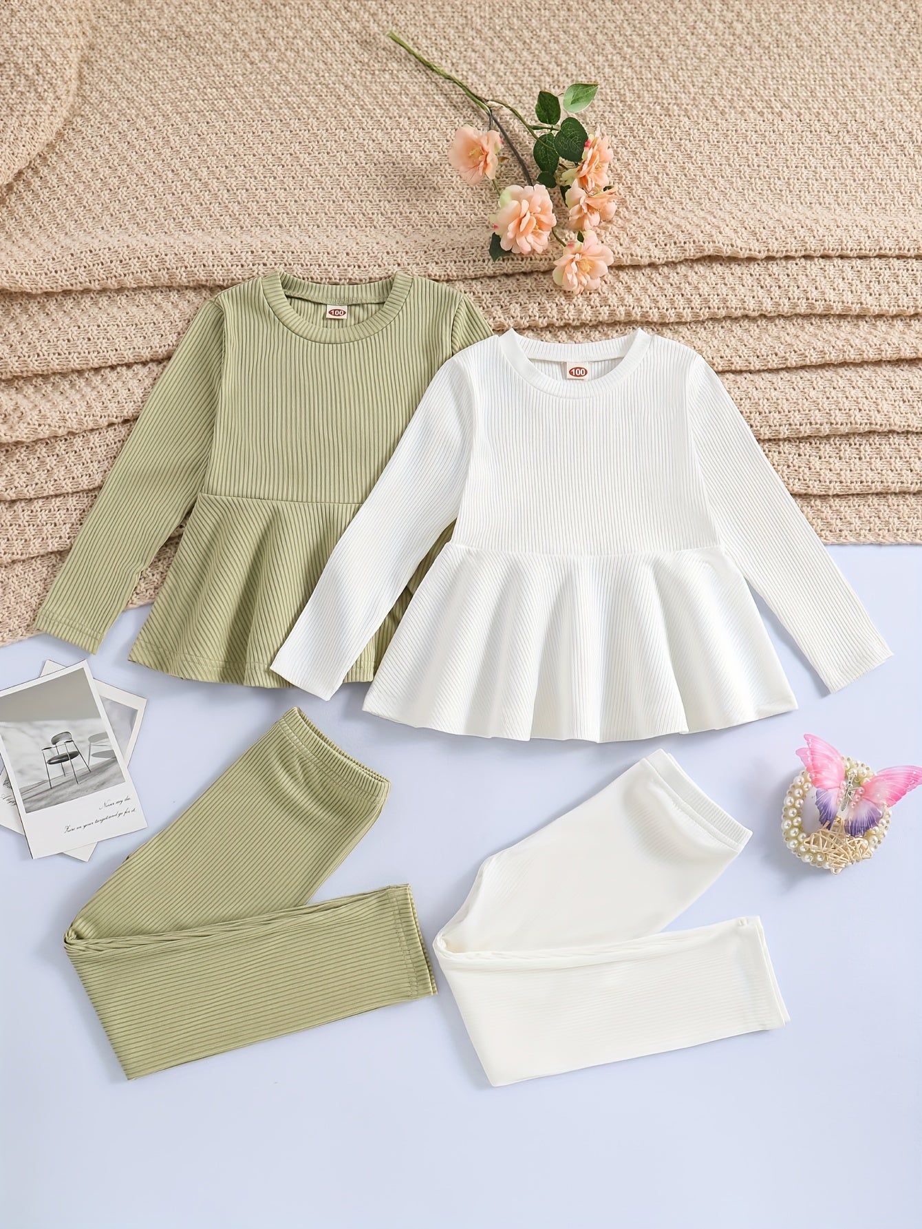 2 Sets Girl's Ribbed Outfit, Peplum Top & Pants Set, Casual Toddler Kid's Clothes For Spring Fall