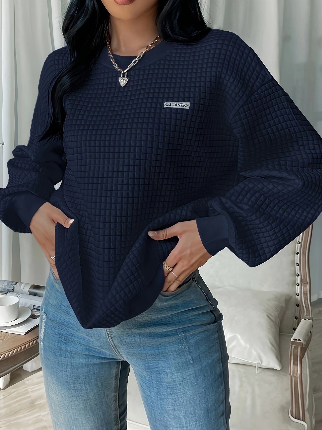 Waffle Loose Sweatshirt, Casual Long Sleeve Crew Neck Sweatshirt, Women's Clothing