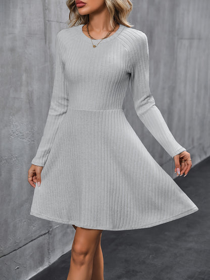 Womens Classic Ribbed Long Sleeve Dress - Stretchy, Solid Color, Elegant Crew Neck - Perfect for Everyday Style
