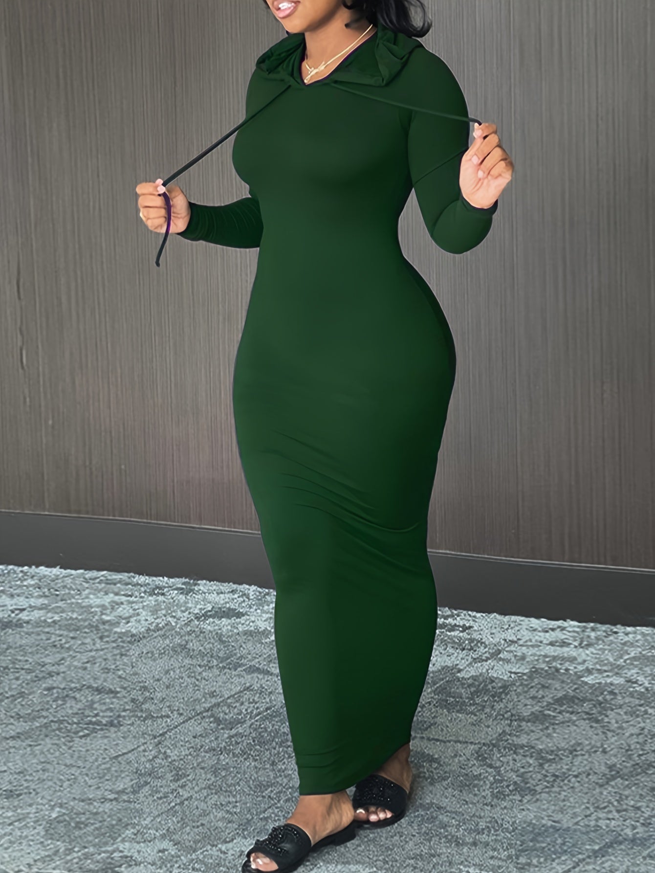 Cozy Winter Hooded Lounge Dress - Casual Wrap Style with High Elasticity, Easy Care, Long Sleeve Knit for Women