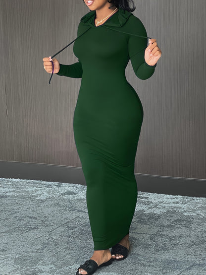 Cozy Winter Hooded Lounge Dress - Casual Wrap Style with High Elasticity, Easy Care, Long Sleeve Knit for Women