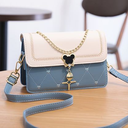 Geometric Embroidered Flap Square Bag - Chic Crossbody with Stylish Chain, Magnet Closure, and Bag Charm