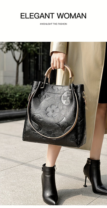 Classic Elegant Flower Embossed Satchel Handbag, Fashionable All-Match Bag For Work