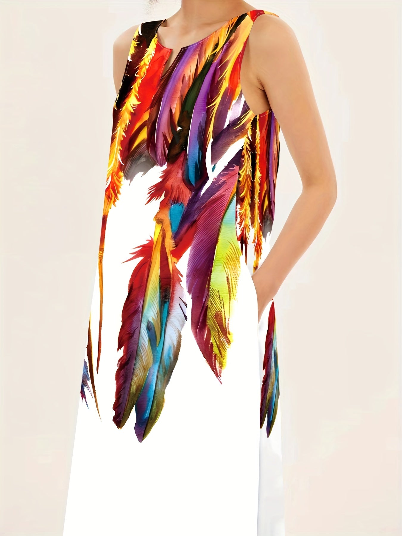 [Polyester Swing Dress] Polyester V-Neck Women's Casual Swing Dress with Pocket - All-Season A-Line Dress with Printed Detail, 95% Polyester 5% Spandex Woven Fabric