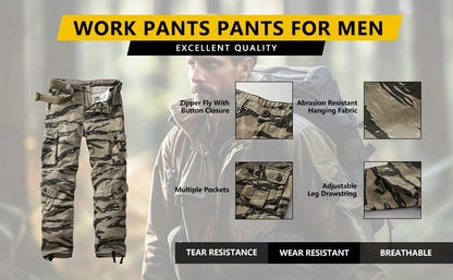 Loose Fit Camo Pattern Cargo Pants - Zipper Fly, Multi Flap Pocket, Non-Stretch Cotton Fabric - Casual Weekend Outdoor Pants for Men, Mid Waist, Regular Length, All-Season Wear
